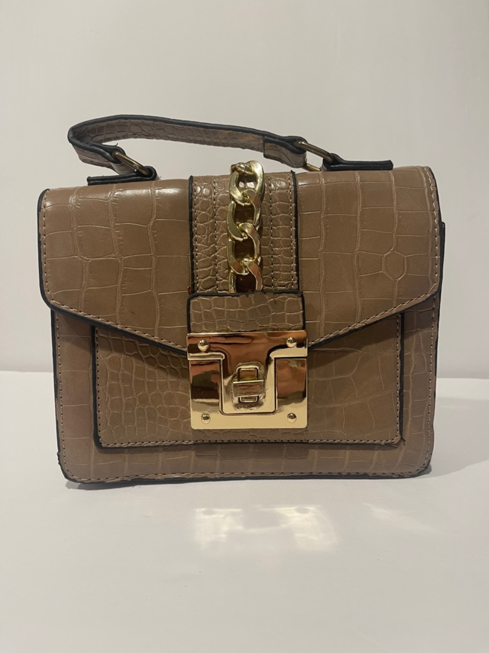 Taupe Croc-Embossed Top Handle Bag with Gold Chain Accent READ
